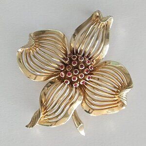 Estate 40's Marcel Boucher Gold & Ruby Cyclamen Flower Brooch 2.75"